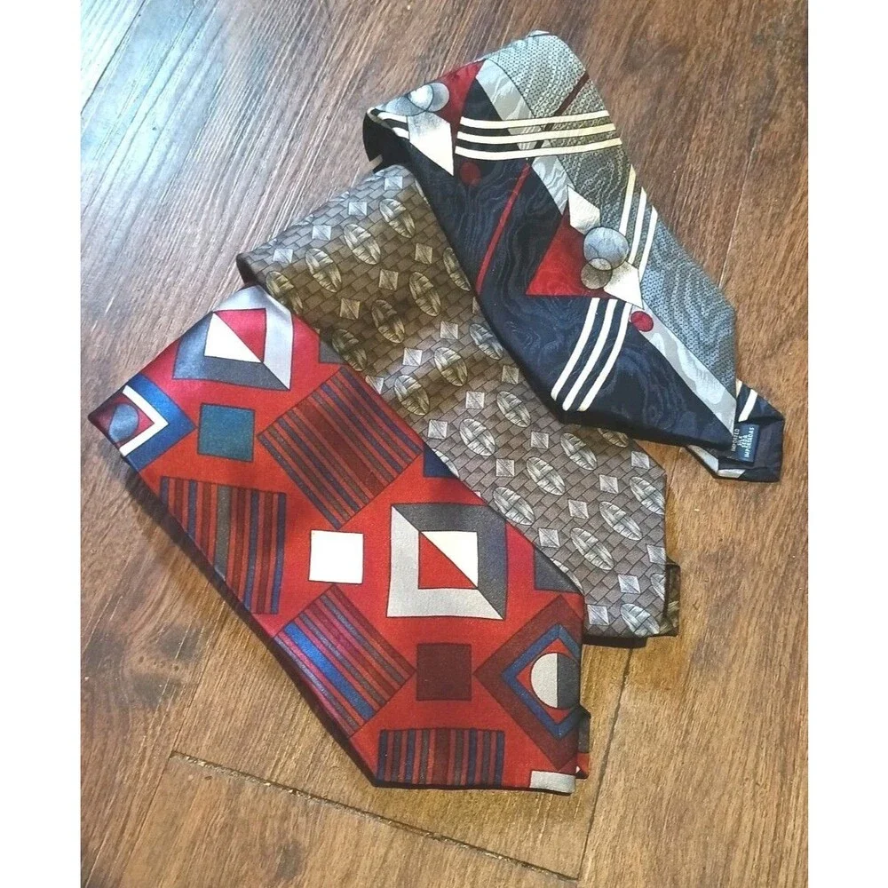 Vintage Halston 100% Silk Tie Lot Of 3 Geometric Pattern